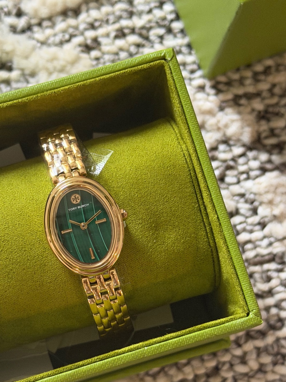 Tory Burch Gold-Tone Bracelet Watch with Green Malachite Dial